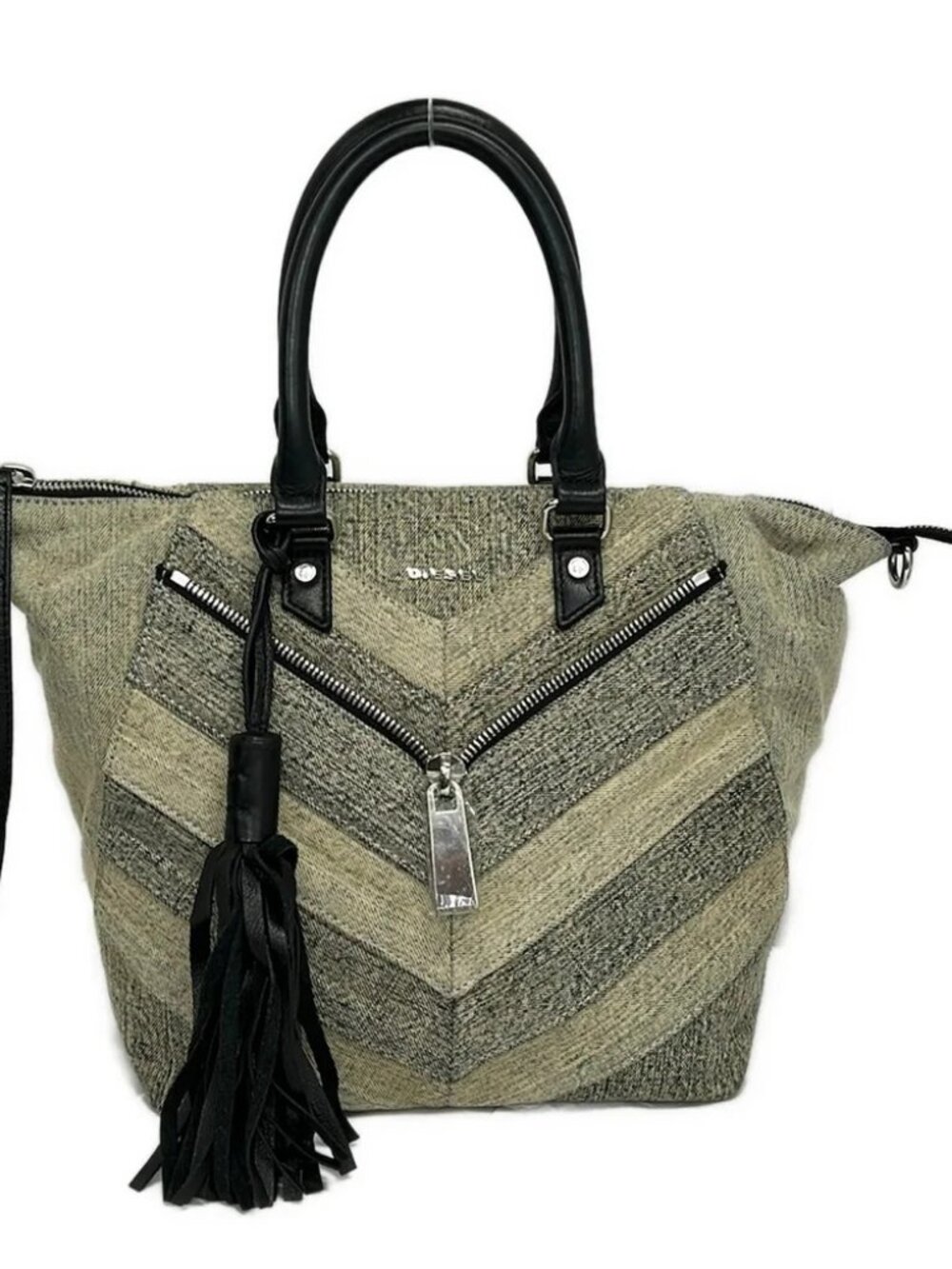 DIESEL LE-ZIPPER Gray Navy Black Denim Leather Handbag